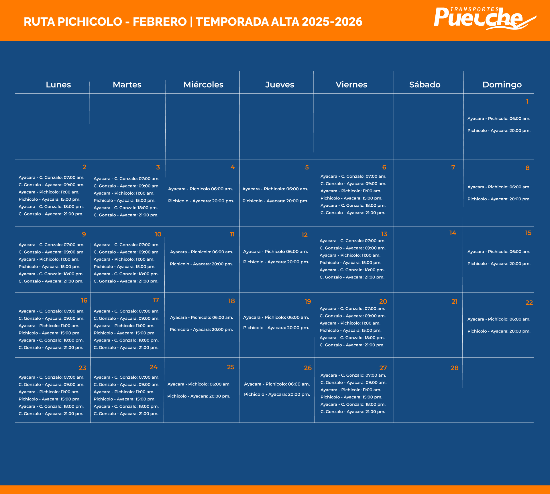 itinerario Ruta Pichicolo Febrero 2026